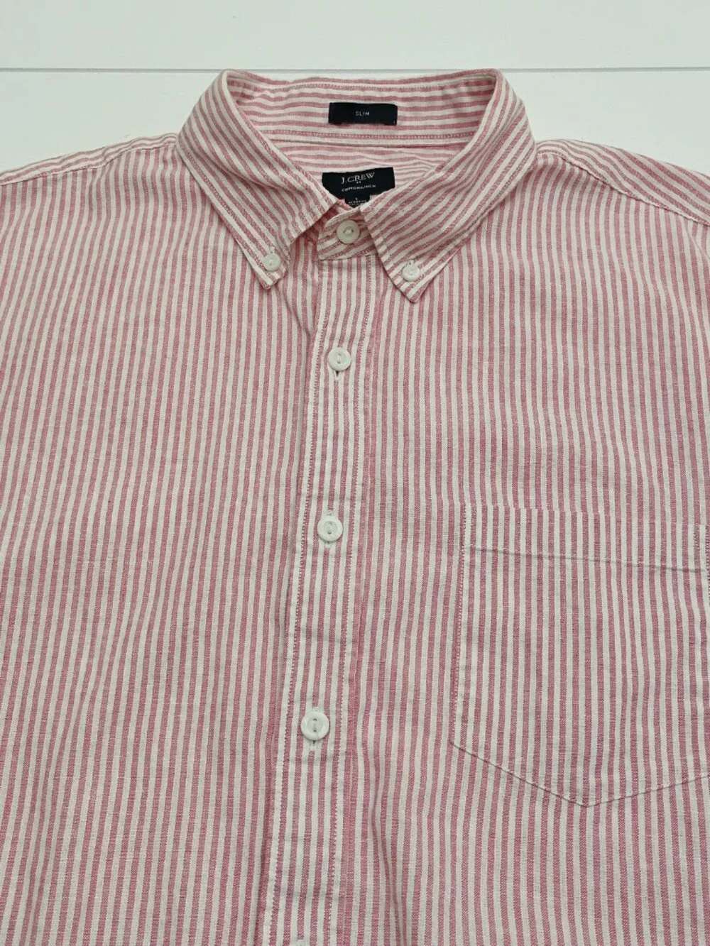 J.Crew Slim Linen Cotton Shirt Red Stripe Button Down Men's L Preppy Casual